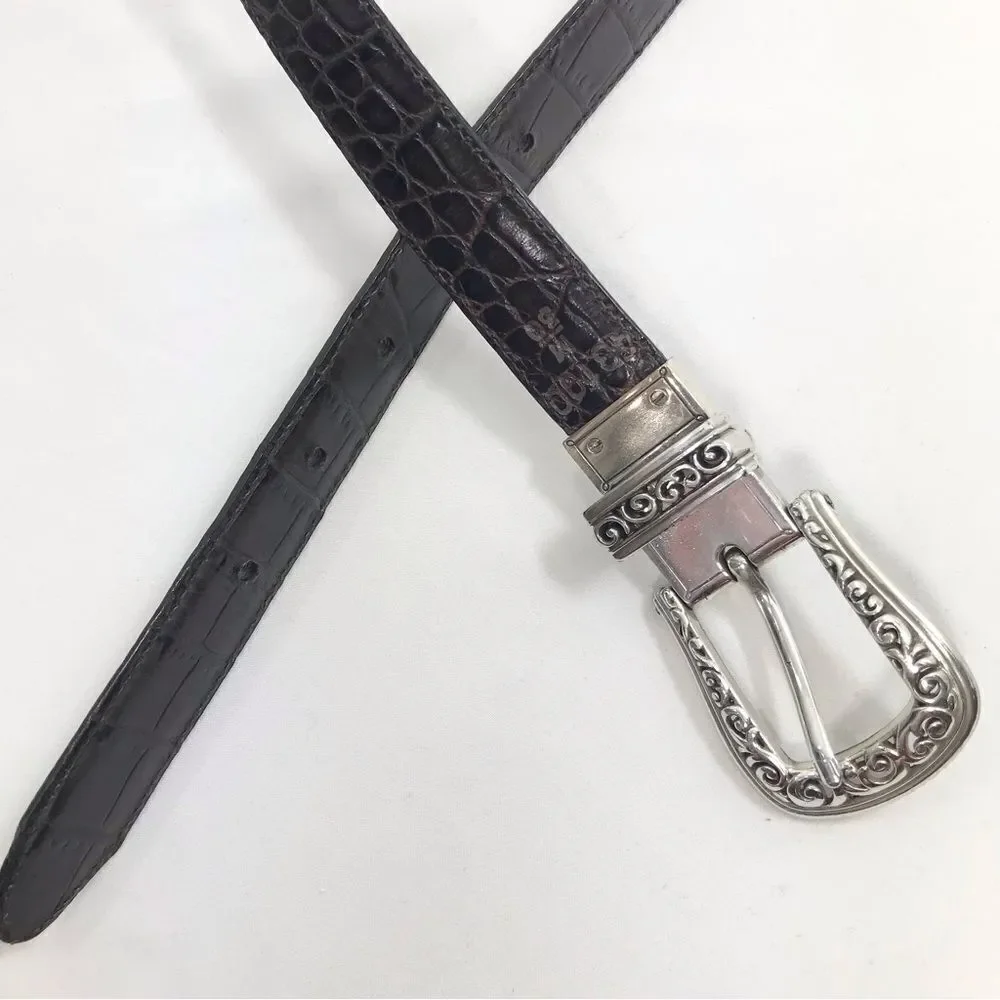 Brighton Black Brown Reptile Embossed Silver Scroll Hardware Reversible Belt